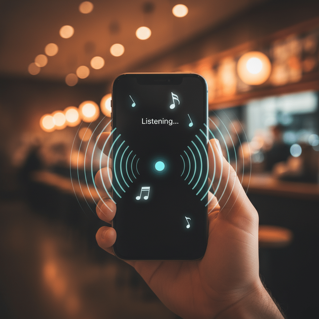 iPhone screen showing Listening with sound waves and music notes radiating from the display